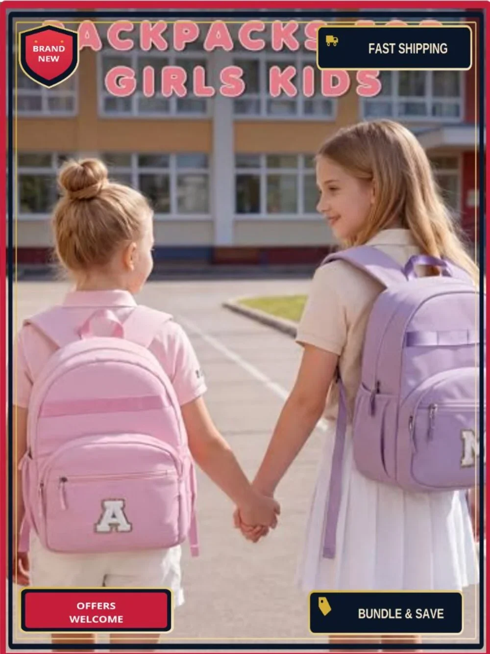 Kids Initial Backpack for Girls Elementary School, Lightweight with Multiple